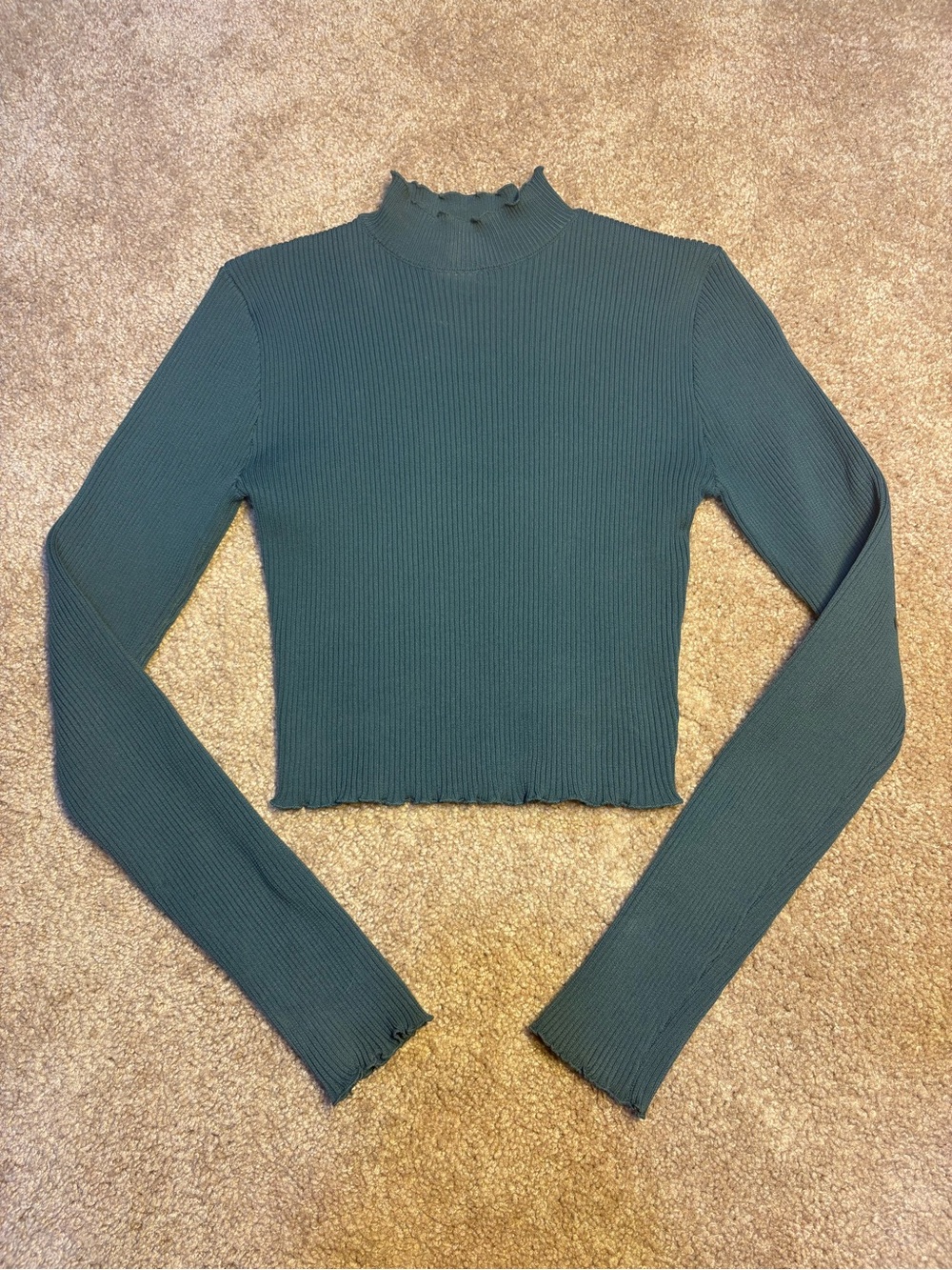 Ribbed Mock Neck Long-Sleeve Crop Top - Teal